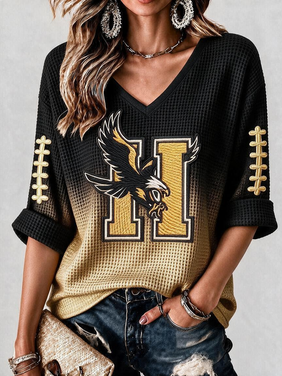 Women'S Rugby Patterned Waffle V-Neck Top