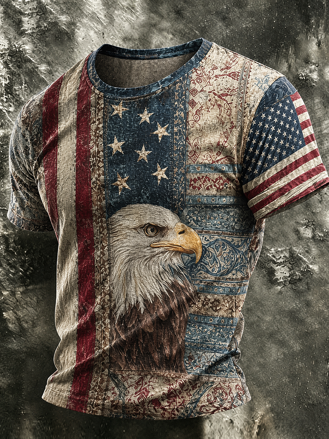 Men'S Retro Flag Design Print Printed Casual T-Shirt