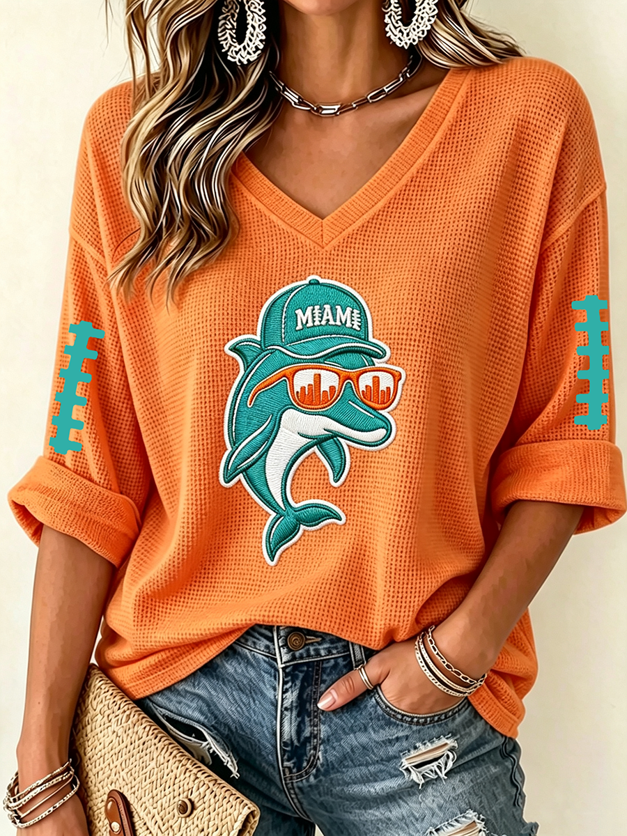 Women'S Rugby Patterned Waffle V-Neck Top