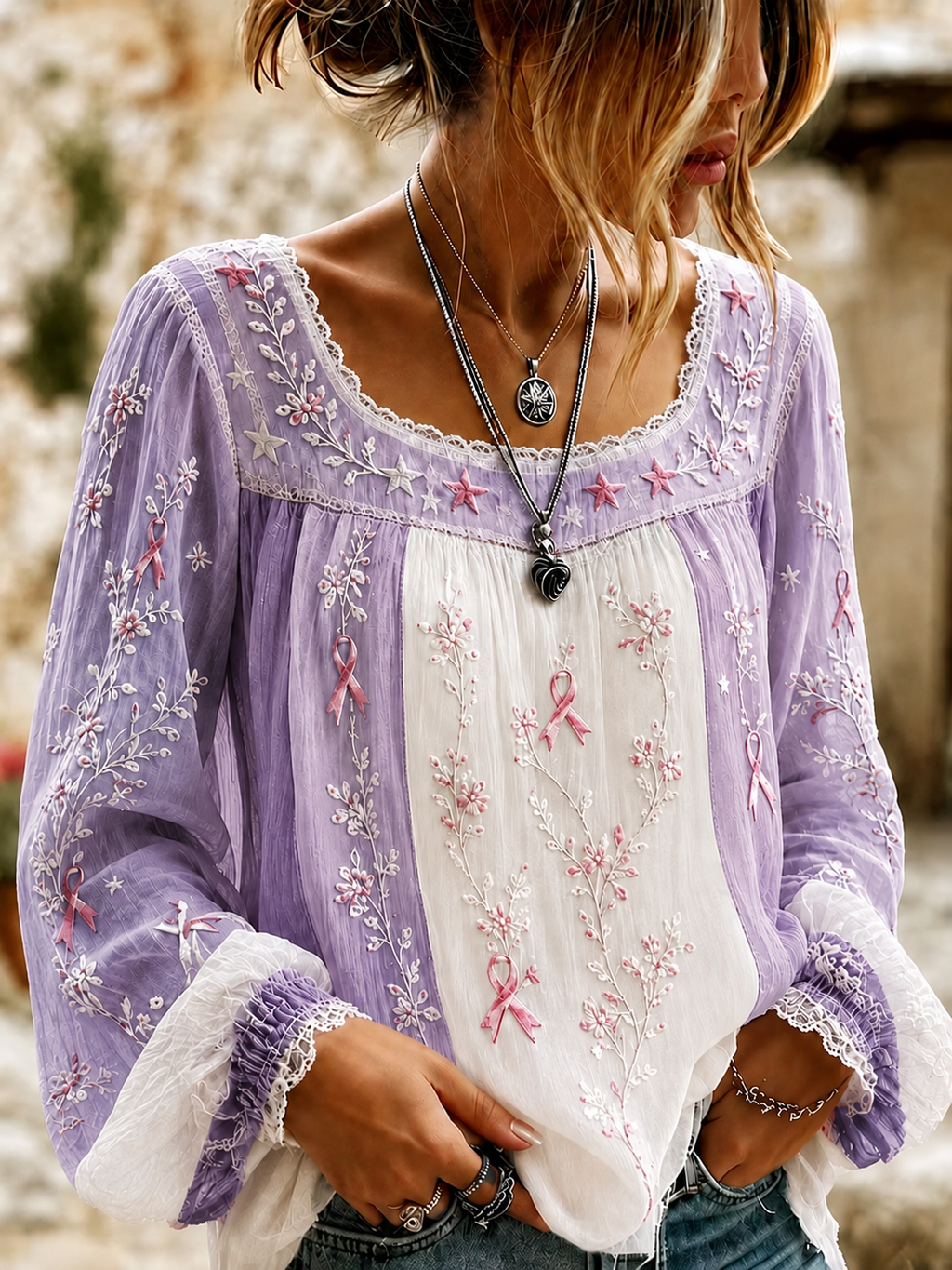 Women'S Casual Breast Cancer Awareness Publicity Print Long Sleeve Top