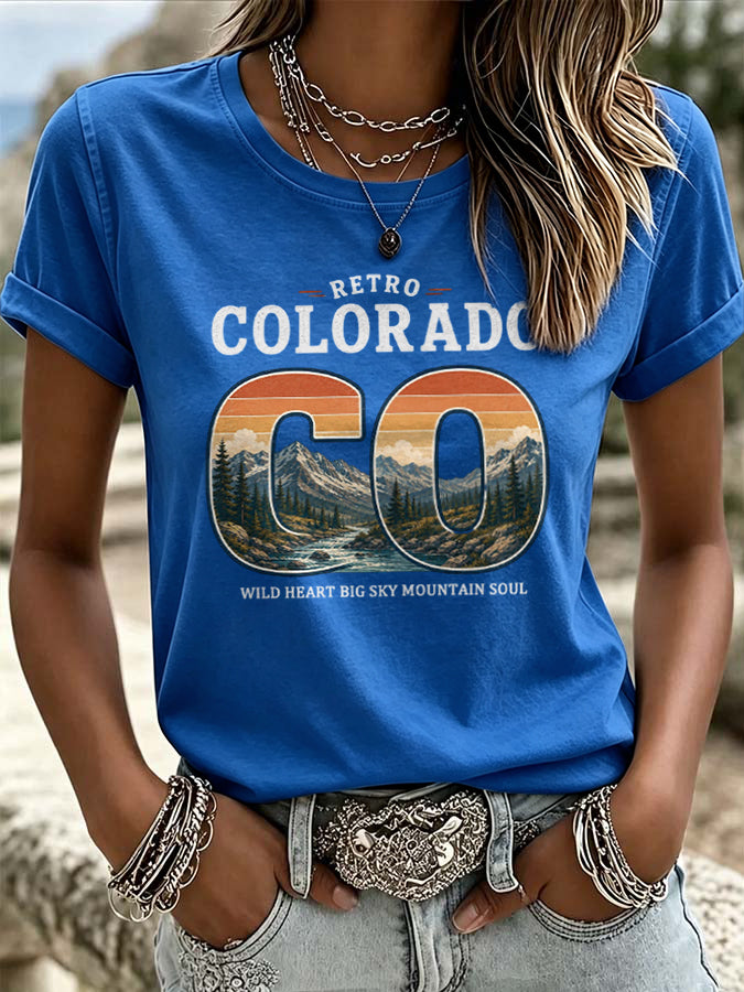 Women'S Casual COLORADO STRONG Mountain Fire Printed Round Neck Casual Short Sleeved T-Shirt