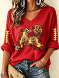 Women'S Football Print Waffle V-Neck Top