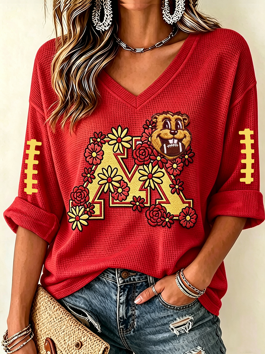 Women'S Football Print Waffle V-Neck Top