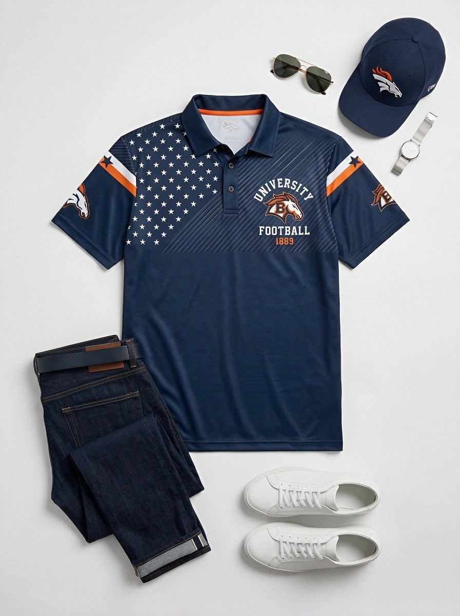 Men's Denver Broncos Football Fan American Flag Printed Polo Shirt