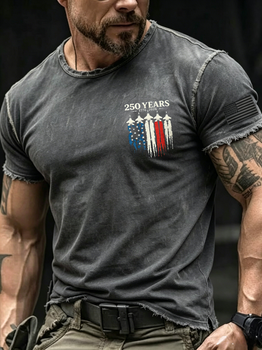 Men's Casual Washed Vintage American Flag Printed Round Neck Top