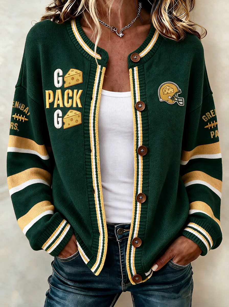 Women's Green Bay Packers Cheesehead Helmet Printed Cardigan