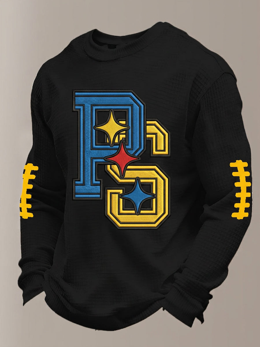 Men's Football Print Waffle Crewneck Sweatshirt