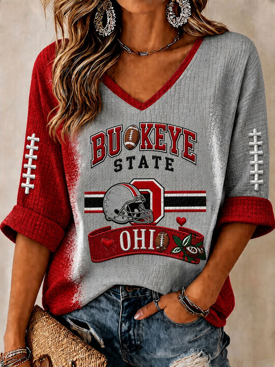 Women'S College Rugby Printed Waffle V-Neck Top