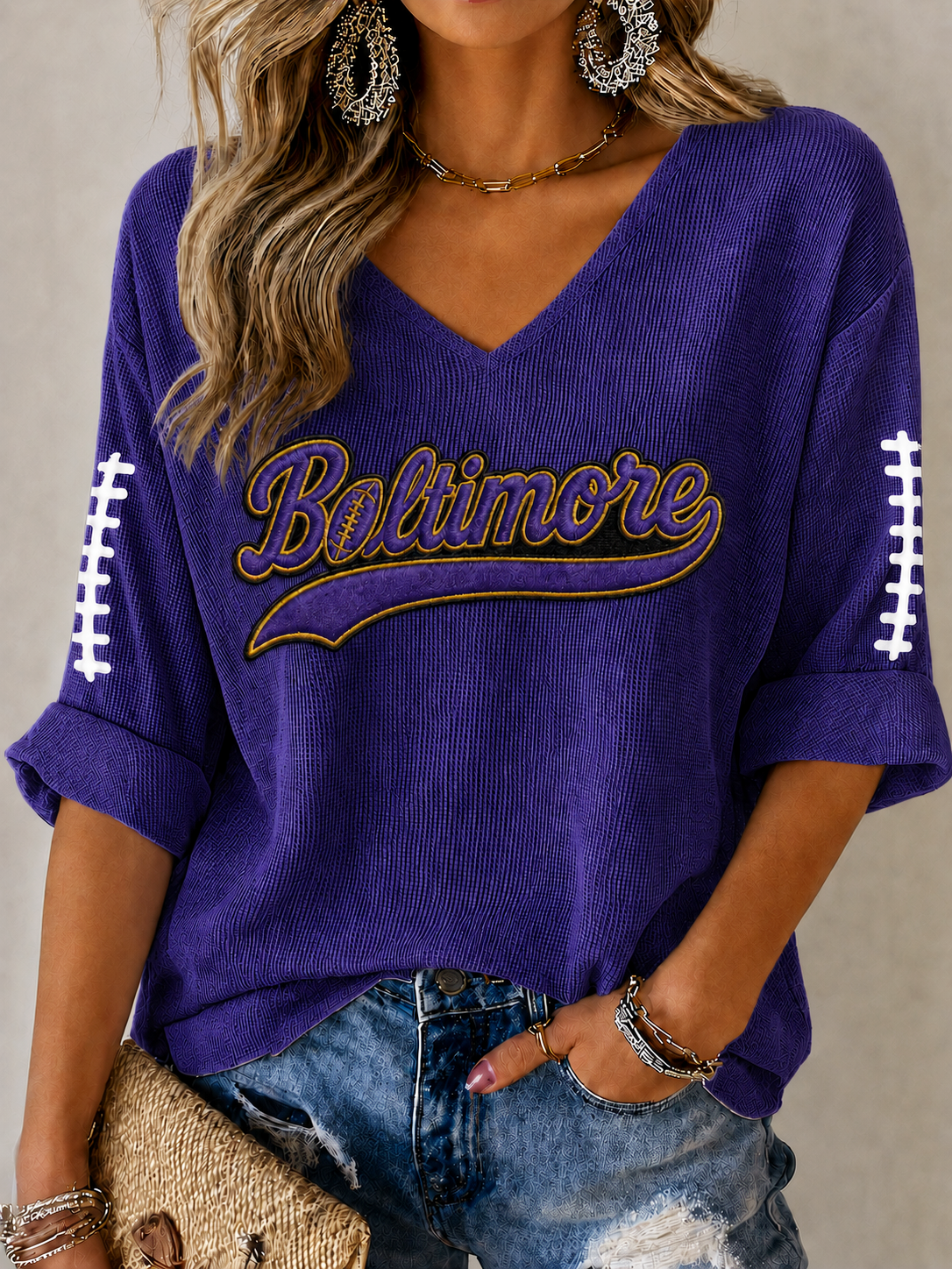Women'S Football Print Waffle  Top