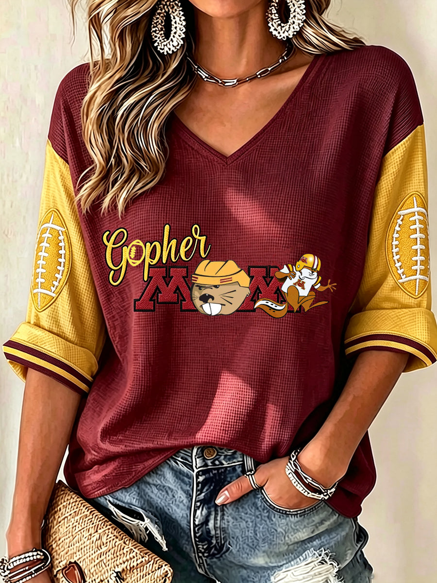 Women'S Football Print Waffle V-Neck Top