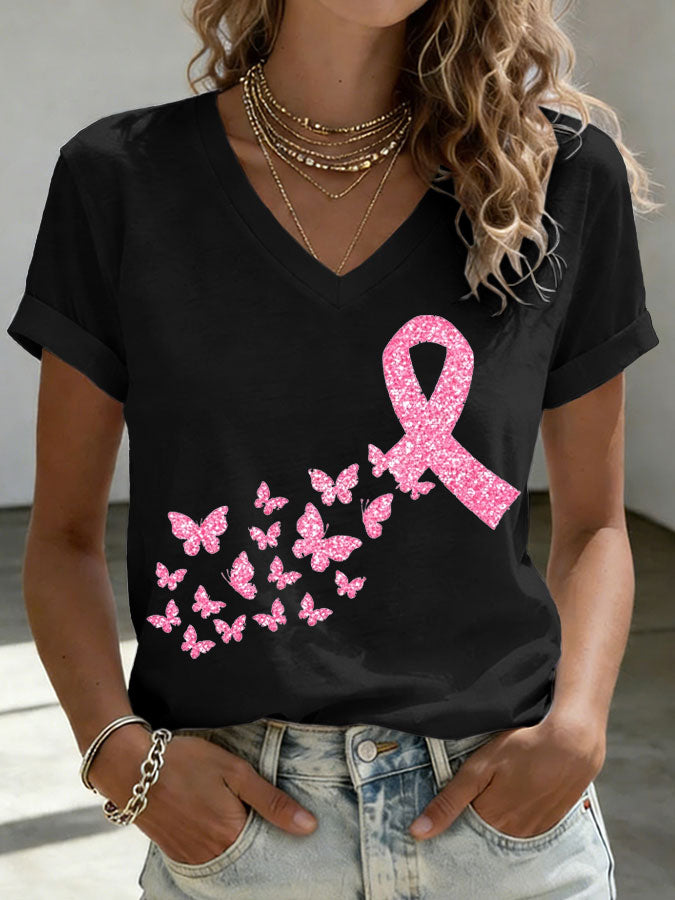 Women'S Pink Ribbon Print Printed T-Shirt