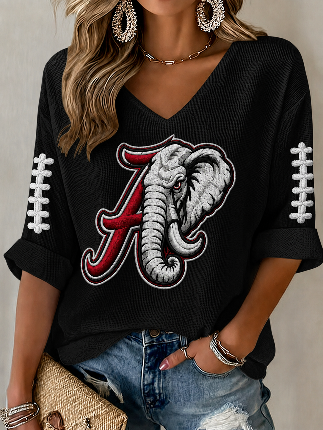 Women'S Football Printed  Waffle V-Neck Top