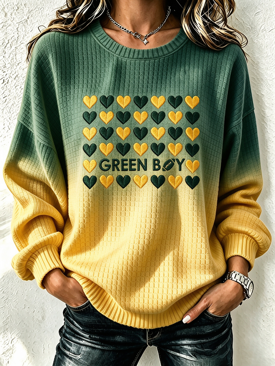 Women'S Football Fan Waffle Long Sleeved Round Neck Sweatshirt