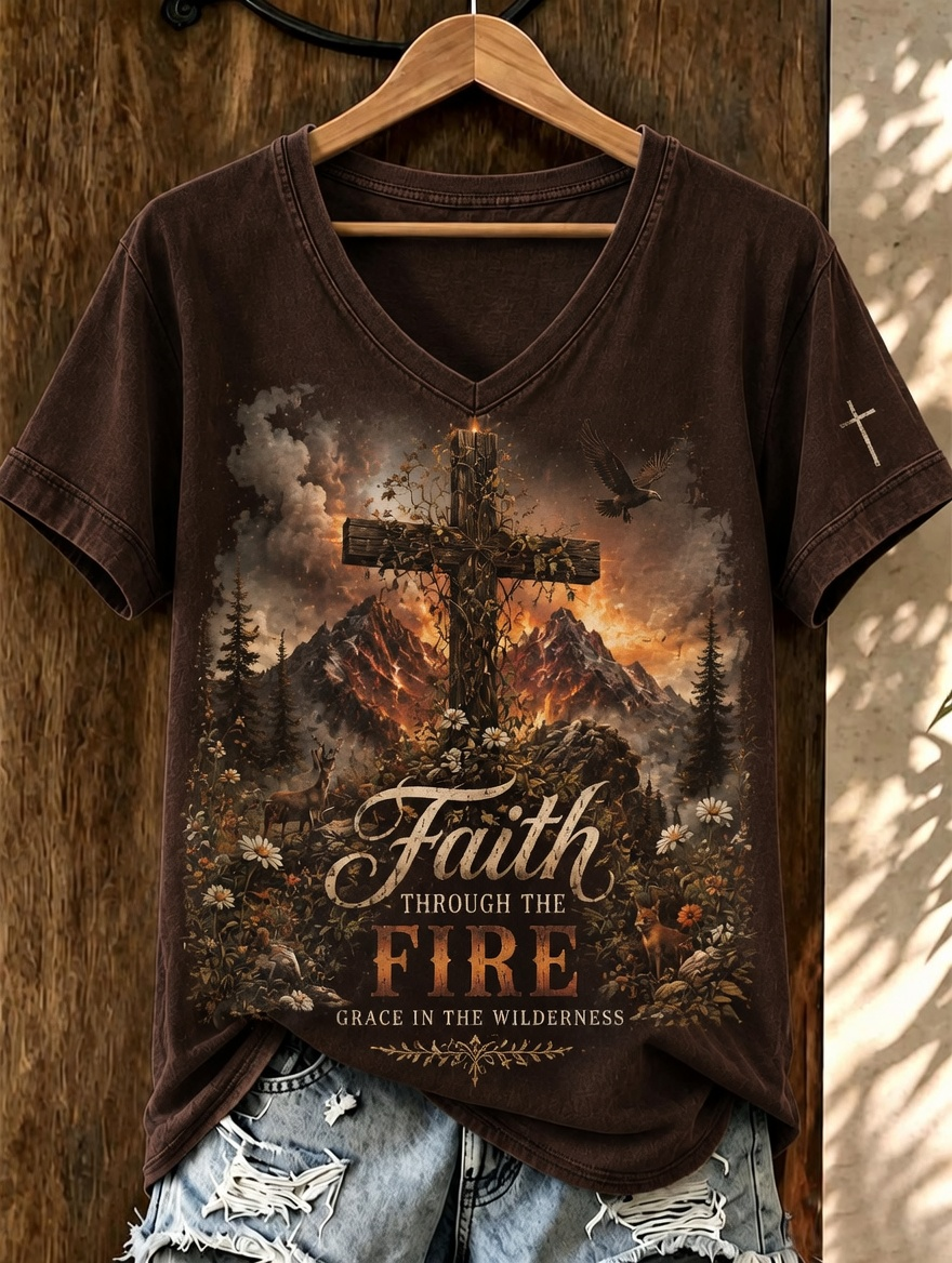 Wilderness Eagle Cross Faith Through The Fire V Neck Short Sleeve Vintage T-Shirt