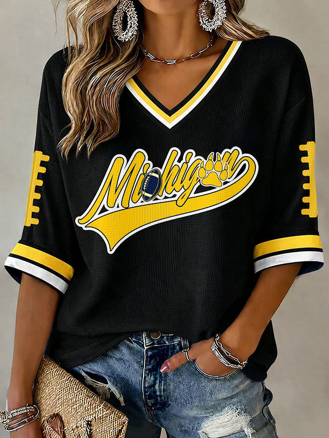 Women's Football Printed Waffle V-Neck Top