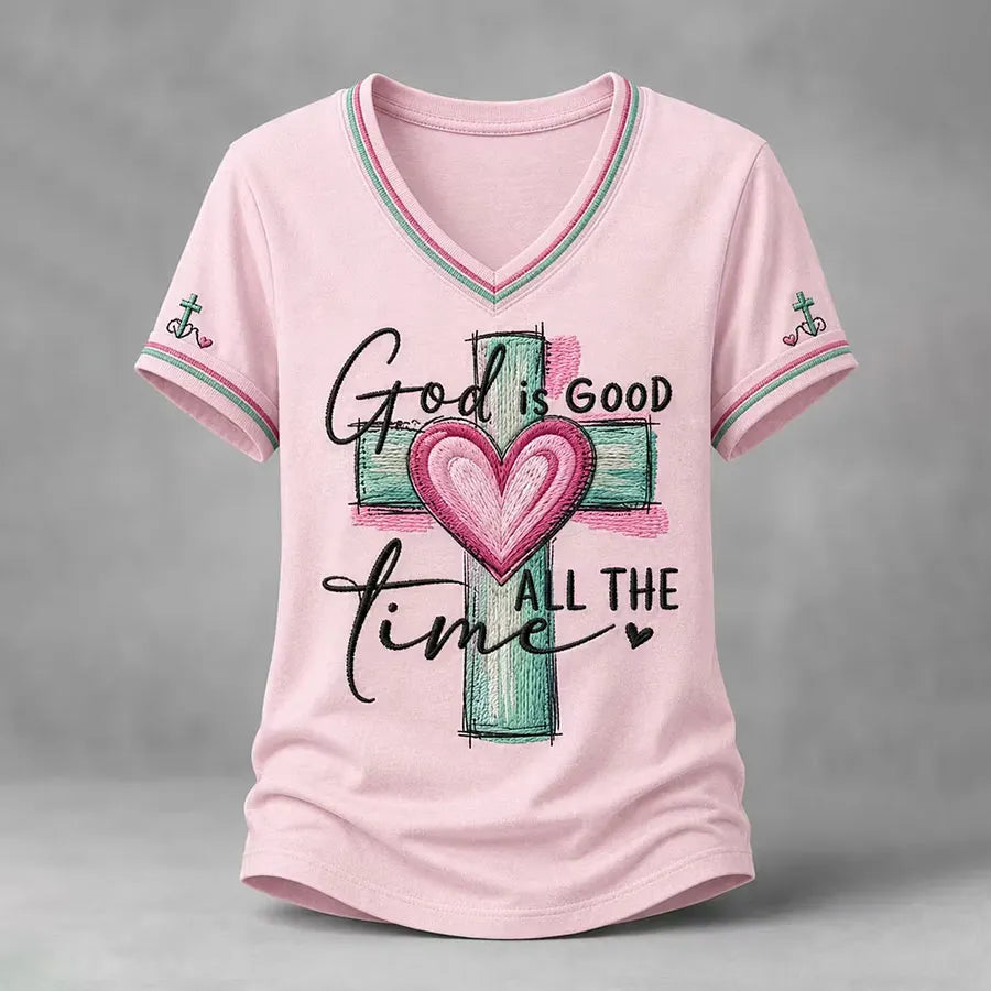 Women's God Is Good All The Time Print Casual V-Neck Tee