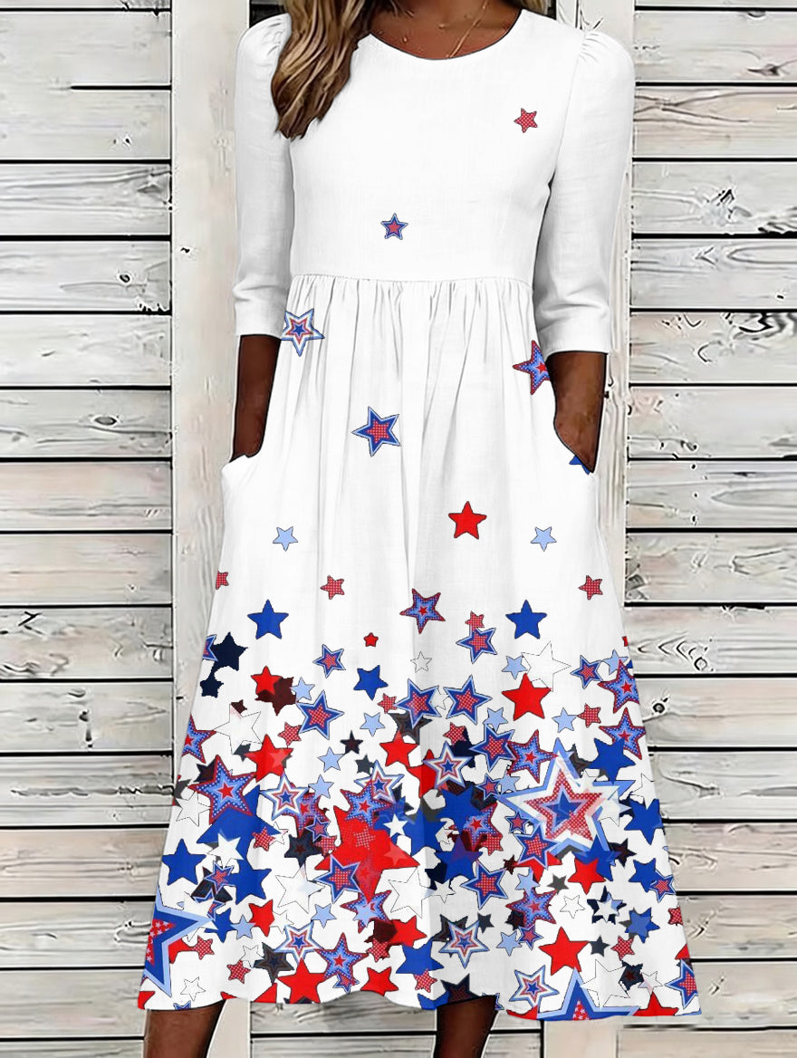 Women's Casual American Independence Day Cotton And Linen Dress