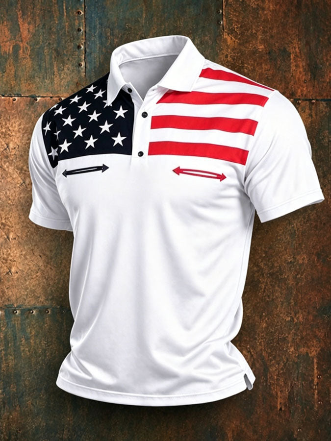 Men's American Flag Print Casual Polo Shirt