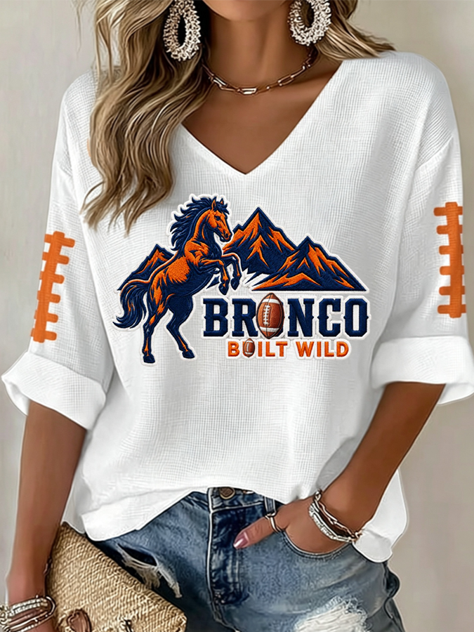 Women'S Rugby Patterned Waffle V-Neck Top