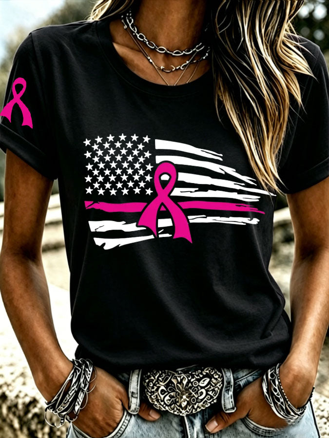 Women's Pink Breast Cancer Awareness Ribbon Distressed American Flag  Printed Casual T-Shirt