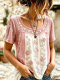 Women'S Pink Floral Printed Cotton And Linen Round Neck Top