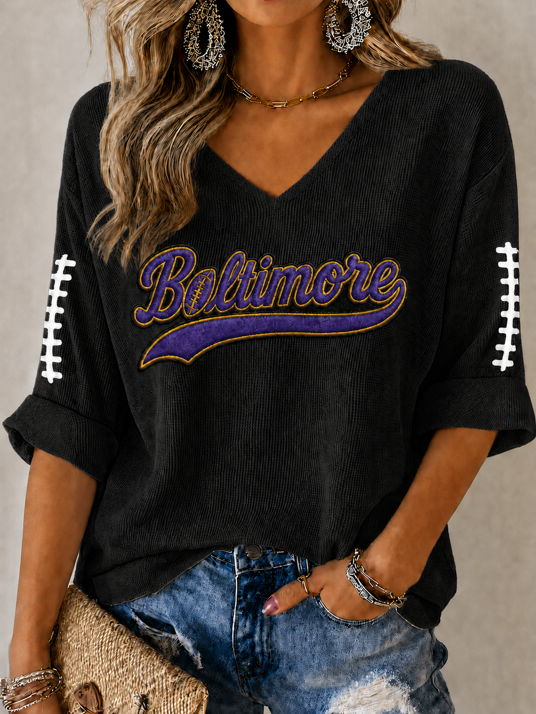 Women'S Football Print Waffle  Top