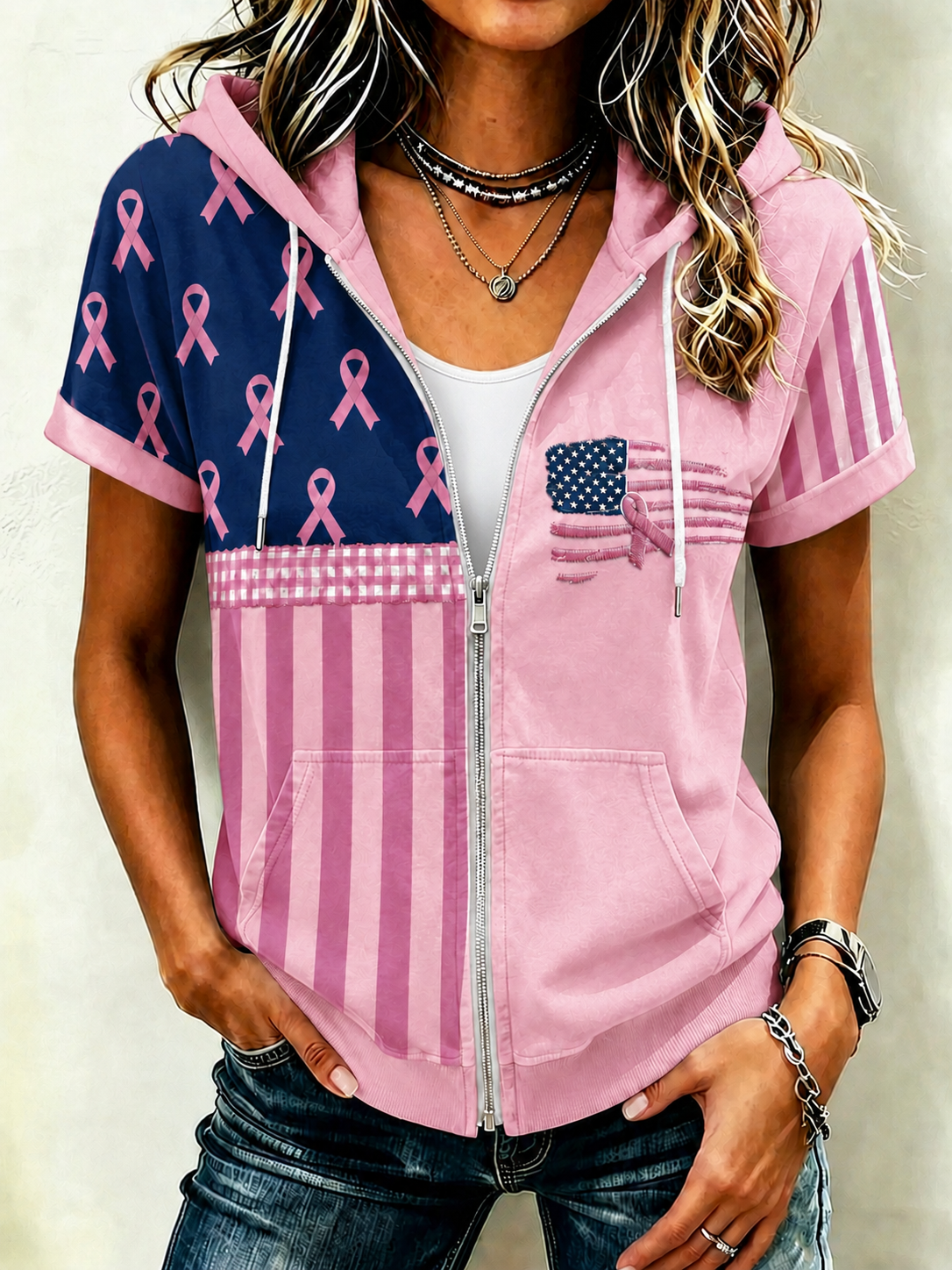 Women'S Casual Breast Cancer Awareness Promotion Prevention Printed Short Sleeved Hoodie