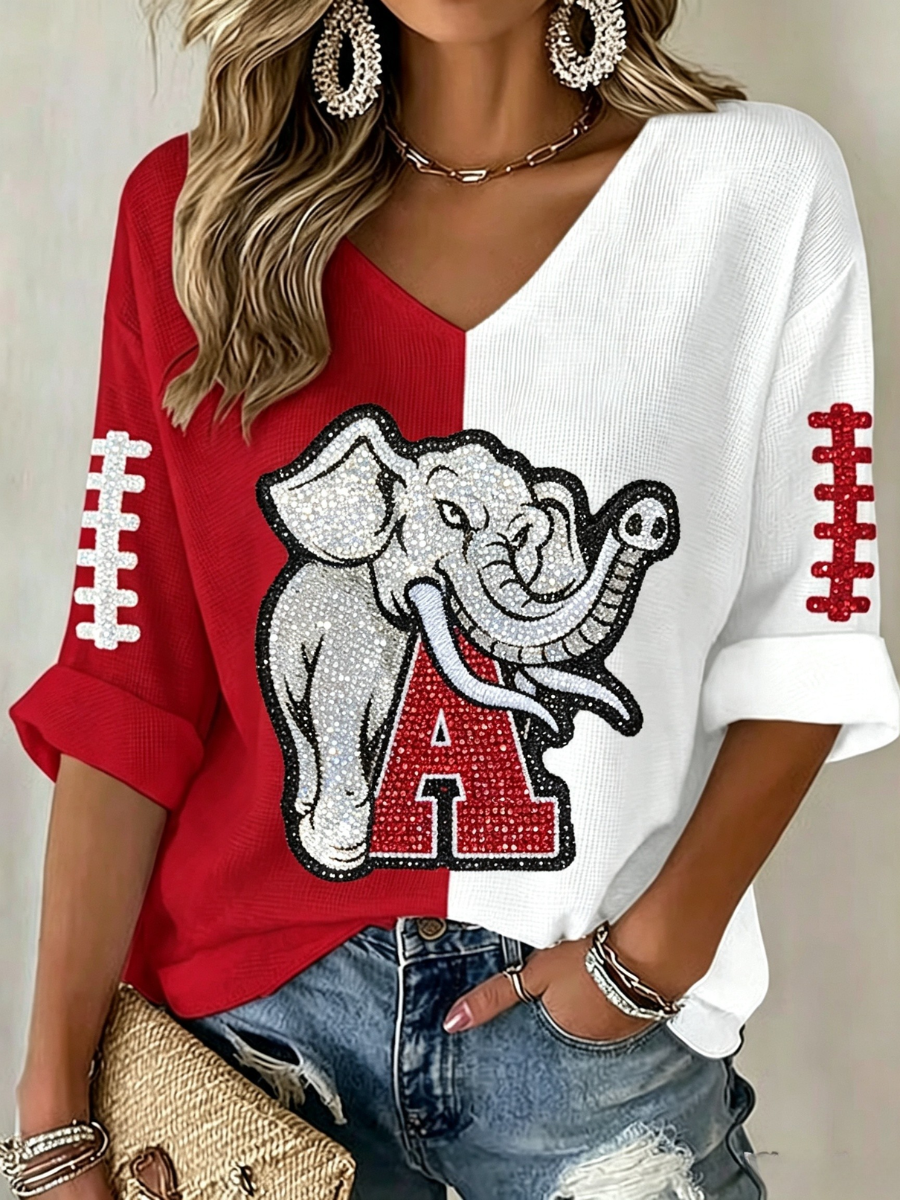 Women'S Rugby Patterned Waffle V-Neck Top