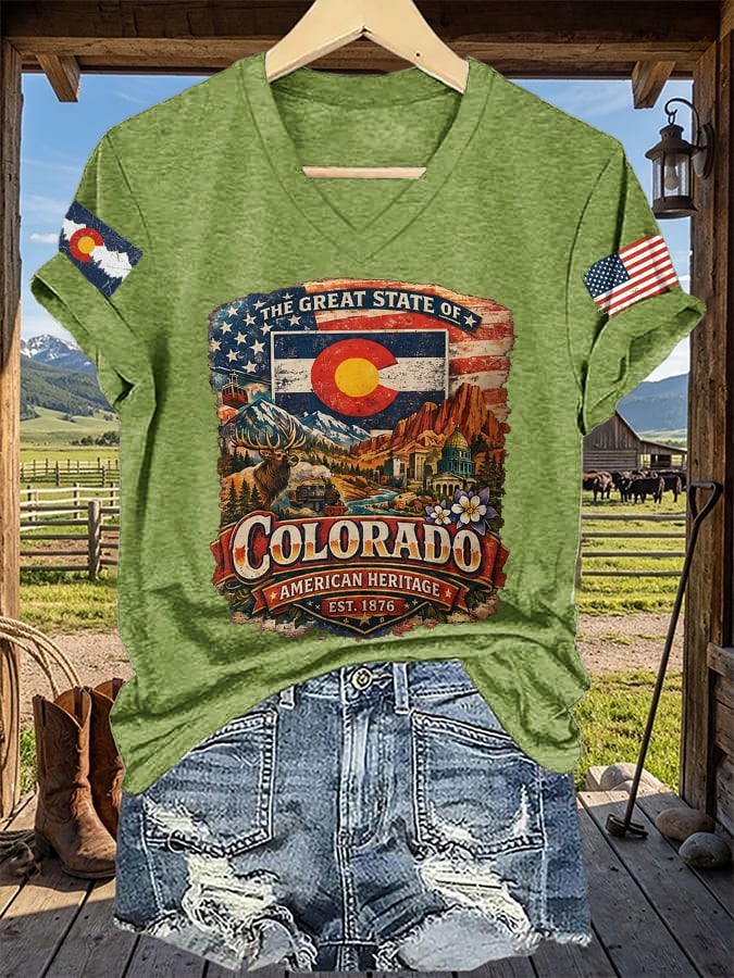 V-Neck Retro The Great State Of Colorado American Heritage Est. 1876 Print T-Shirt