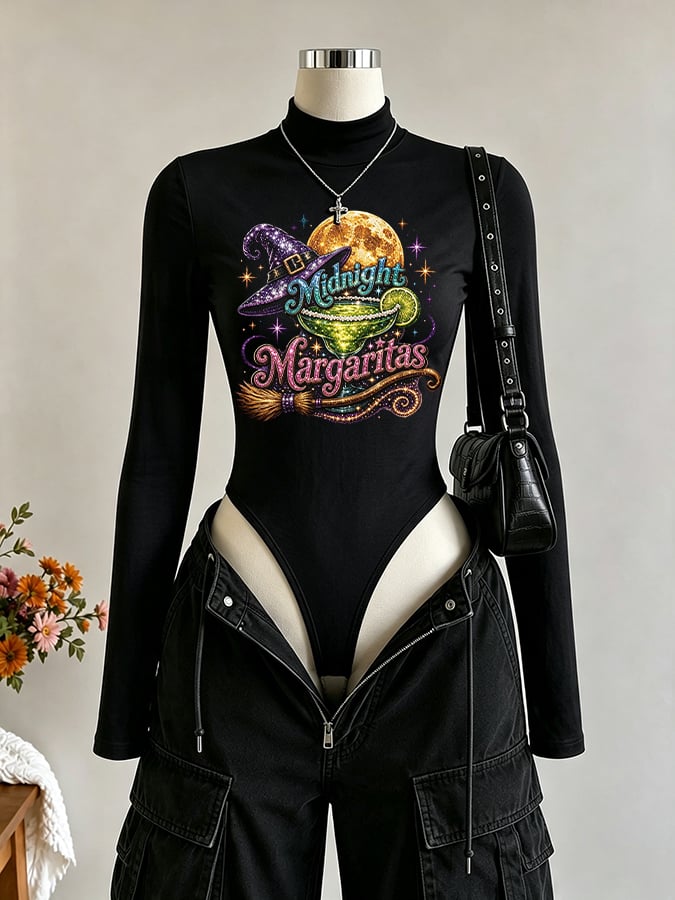 Women's Midnight Margaritas Print Long Sleeve Turtleneck Bodysuit