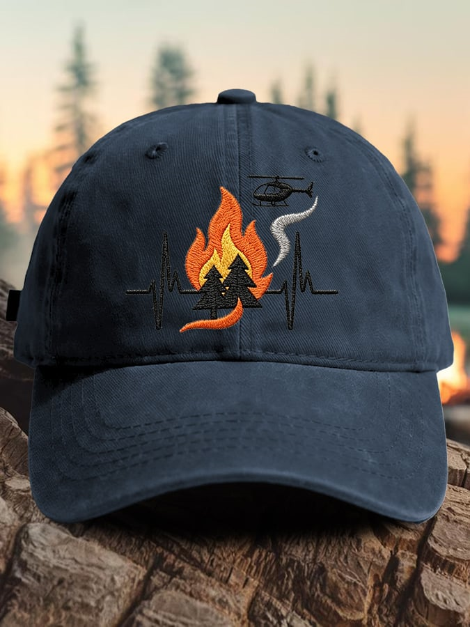Retro Wildland Firefighter Heartbeat Fireline Flame & Helicopter Print Baseball Cap