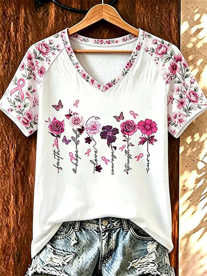 Women'S Casual Retro Breast Cancer Awareness Printed T-Shirt