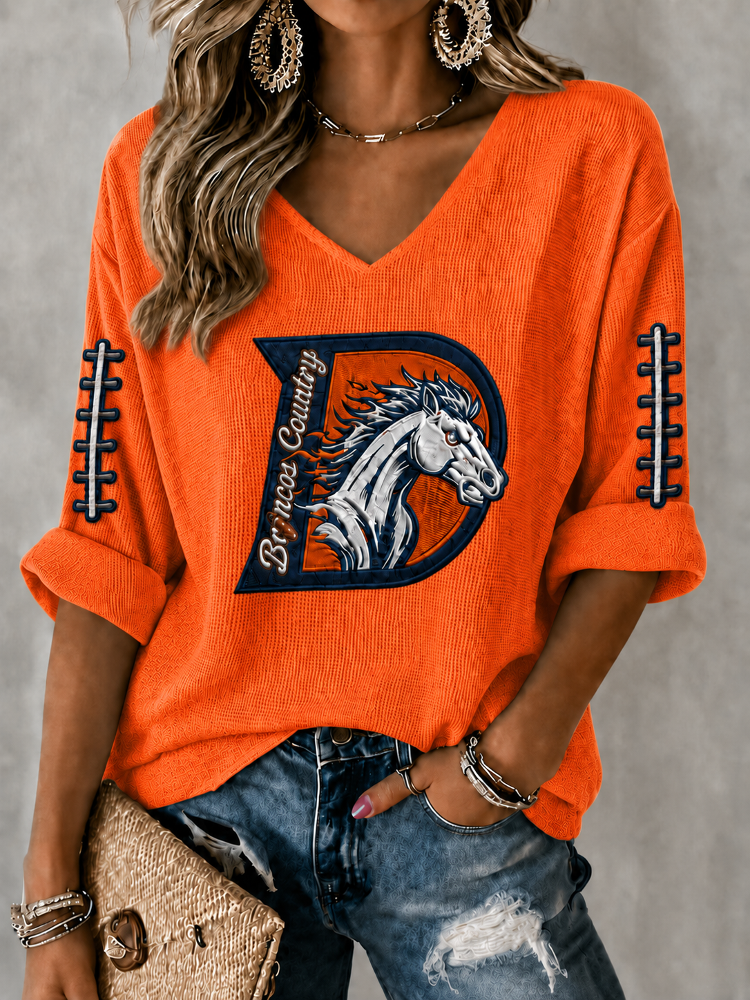 Women'S Rugby Patterned Waffle V-Neck Top