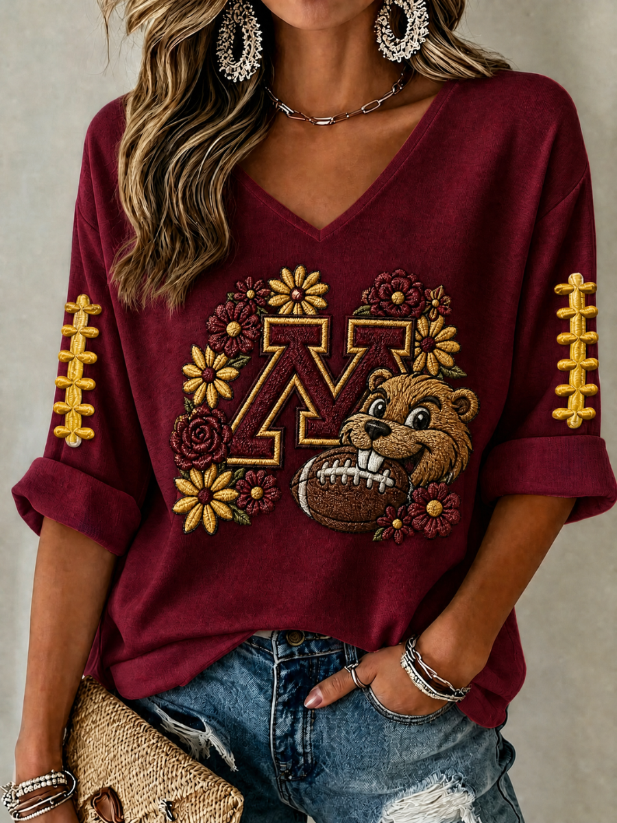 Women's Rugby Patterned Waffle V-Neck Top