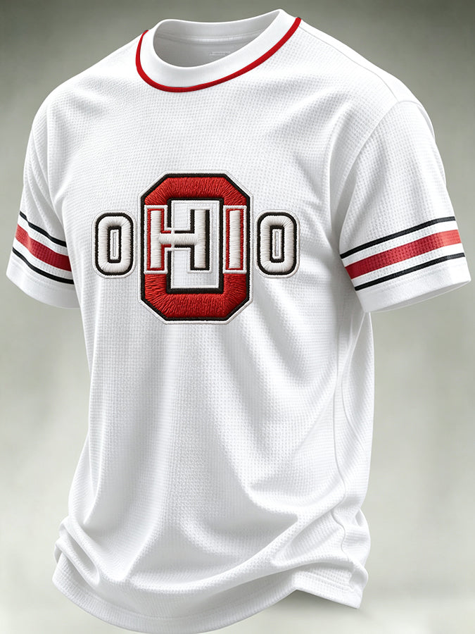 Men's University Team Rugby Embroidered Printed Waffle Round Neck T-shirt