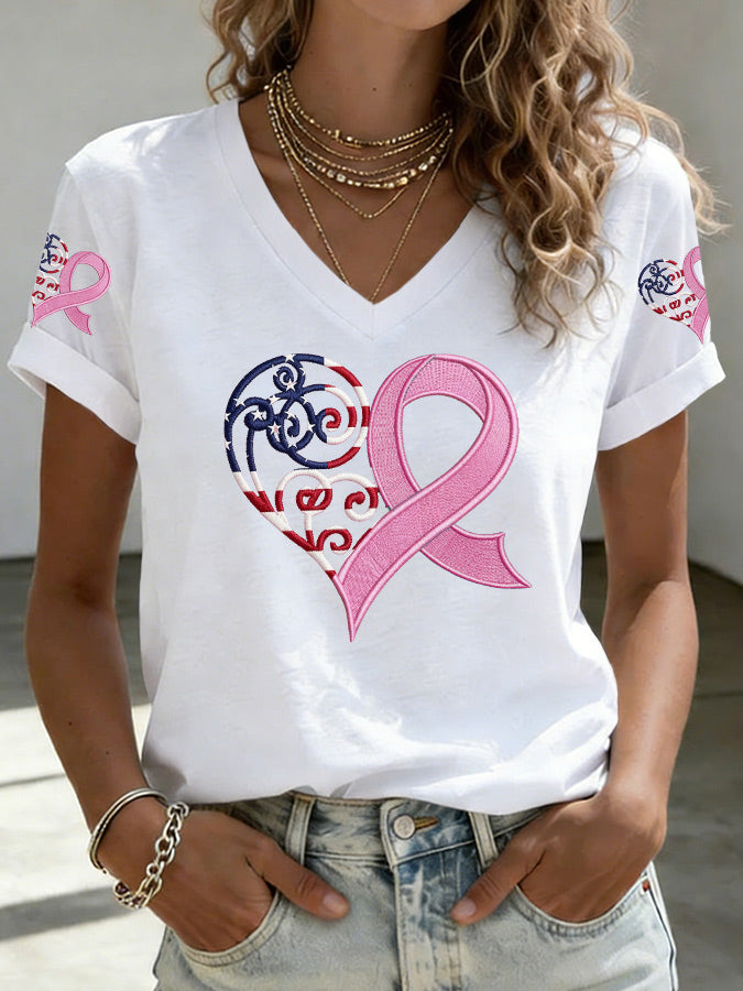 Women's American Flag Pink Ribbon Embroidered Casual T-shirt