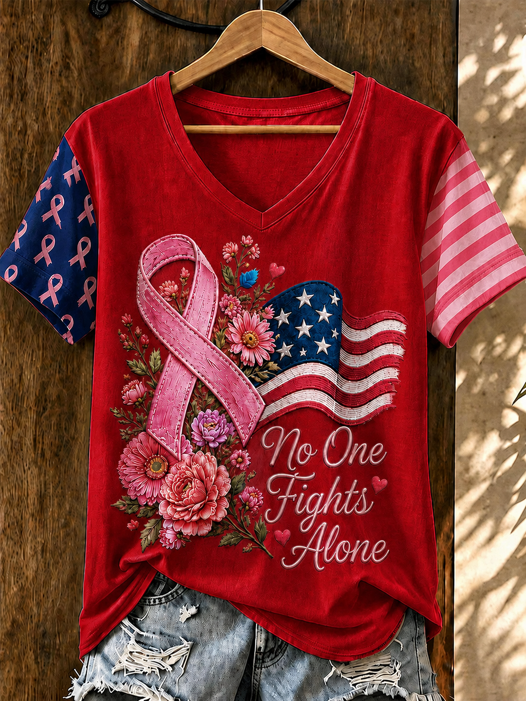 Women'S Flag Breast Cancer Awareness Print Short Sleeve T-Shirt