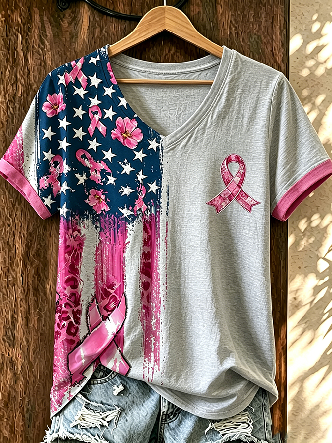 Women'S American Flag Pink Ribbon Embroidered Casual T-Shirt