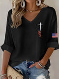 Women's Vintage American Flag 250th Anniversary Print Casual Waffle T-Shirt