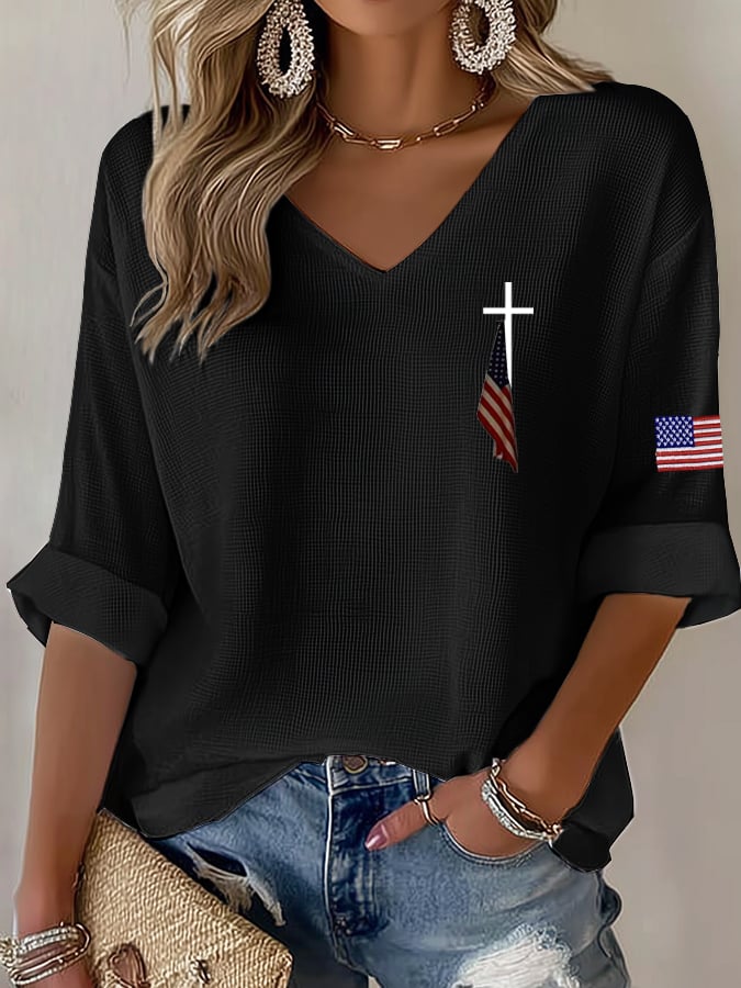 Women's Vintage American Flag 250th Anniversary Print Casual Waffle T-Shirt