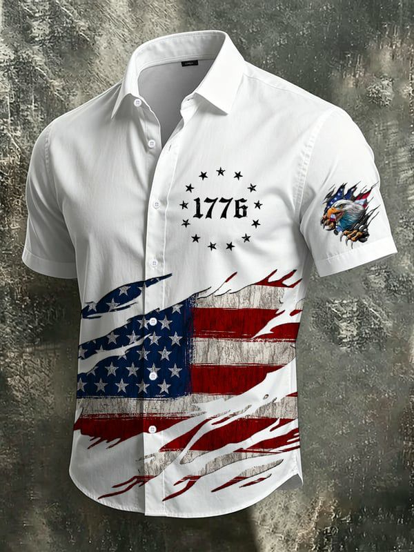 Men'S Retro Flag Design Printed Casual Collar Shirt