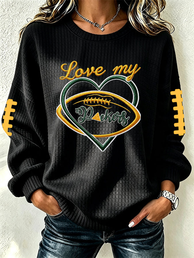 Women'S Football Fan Waffle Long Sleeved Round Neck Sweatshirt