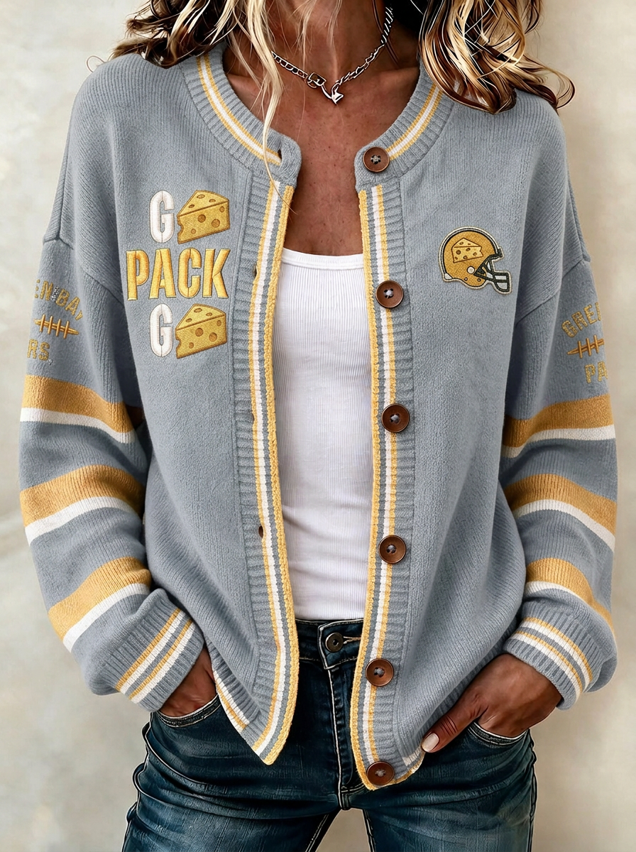 Women's Green Bay Packers Cheesehead Helmet Printed Cardigan