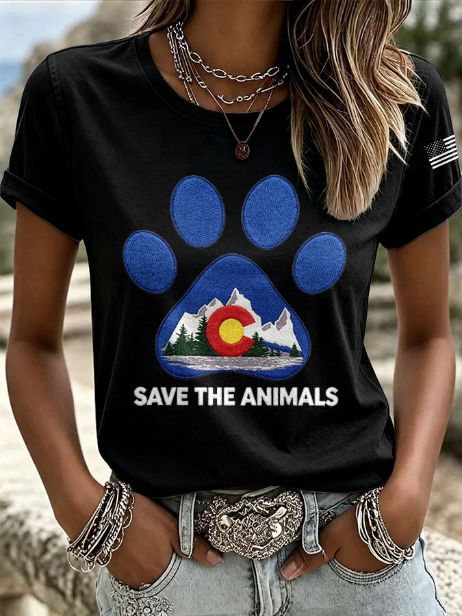 Women'S Retro Save The Animals Print T-Shirt