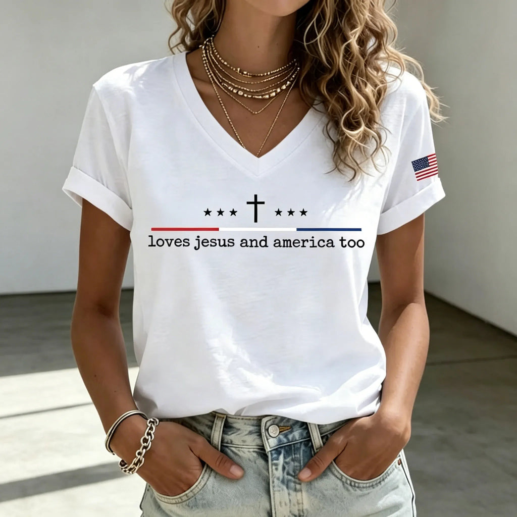 Women'S Loves Jesus and America Too Print Printed T-Shirt
