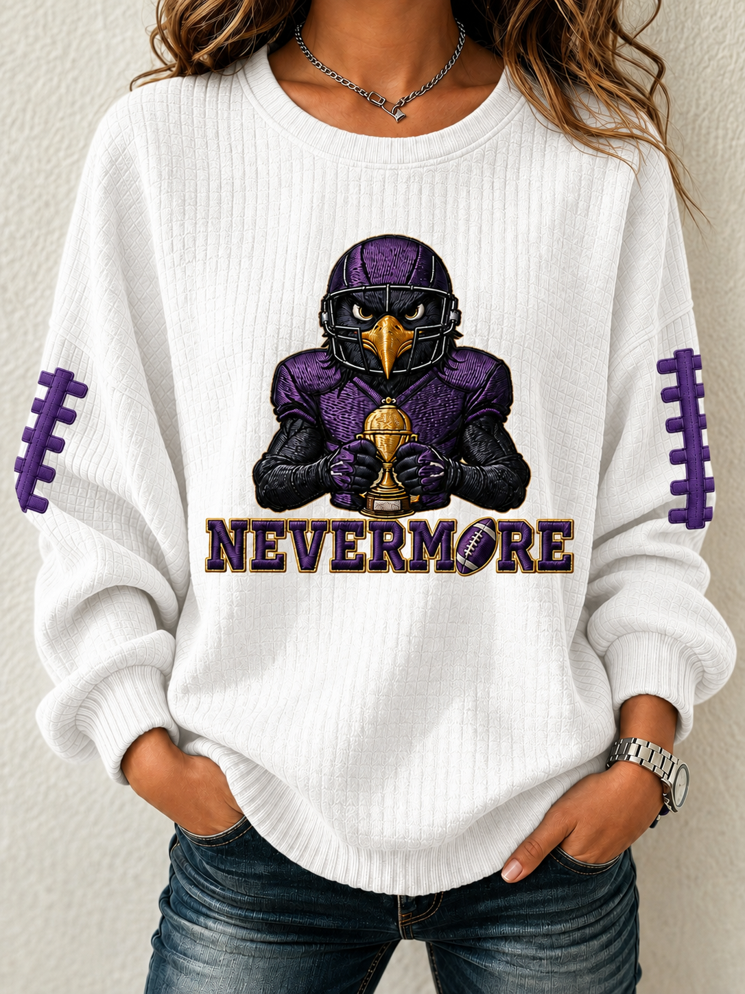 Women'S Football Fan Waffle Long Sleeved Round Neck Sweatshirt
