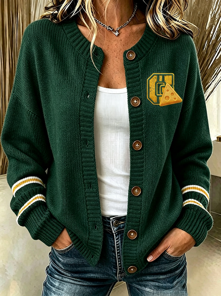 Women's Green Bay Packers Cheesehead Logo Embroidered Cardigan