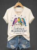 Women's I Will Sing Of The Goodness Of God Psalm 89:1 Christian Bird Print Casual V-Neck Tee
