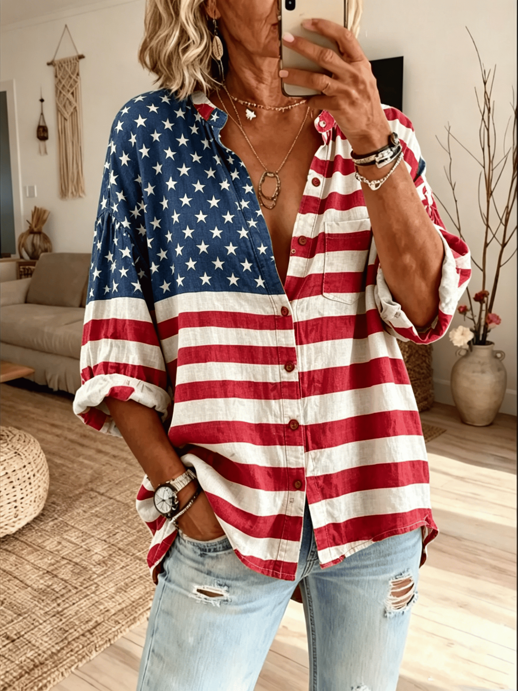 Women's American 250th Anniversary Cotton Linen Print Blouse