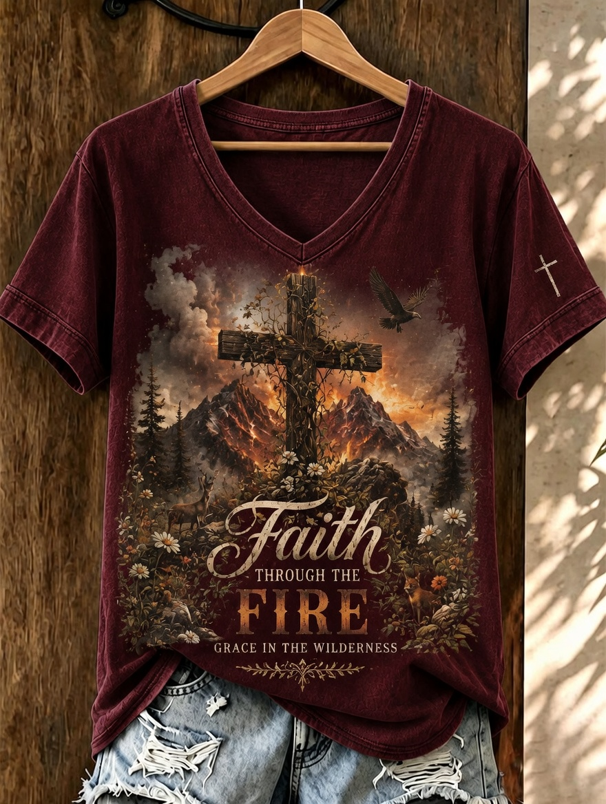 Wilderness Eagle Cross Faith Through The Fire V Neck Short Sleeve Vintage T-Shirt